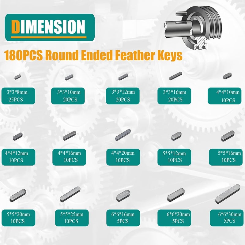 Dekiphox 385pcs Metric Woodruff Key Assortment Kit Popular Sizes Include 205PCS Woodruff Half Moon Keys, 180PCS Round Ended Feather Key for Fasteners Mechanical Industry Crankshaft - Image 3